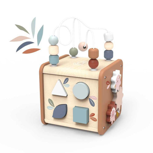 Speedy Monkey - Activity Cube | 5 in 1 learning toy with bead maze, shape sorter, and colorful wooden blocks for toddlers aged 12+ months.