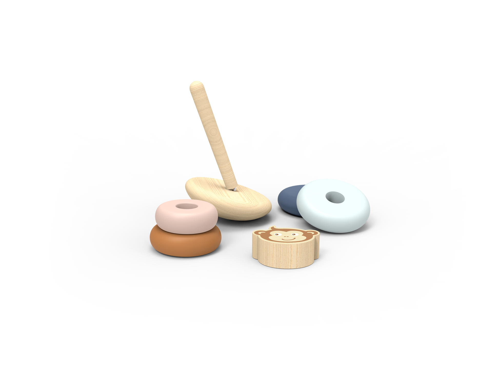 Disassembled Speedy Monkey Wooden Toy ring stacker showing wooden base, pole, rings, and monkey topper for sorting and stacking fun.