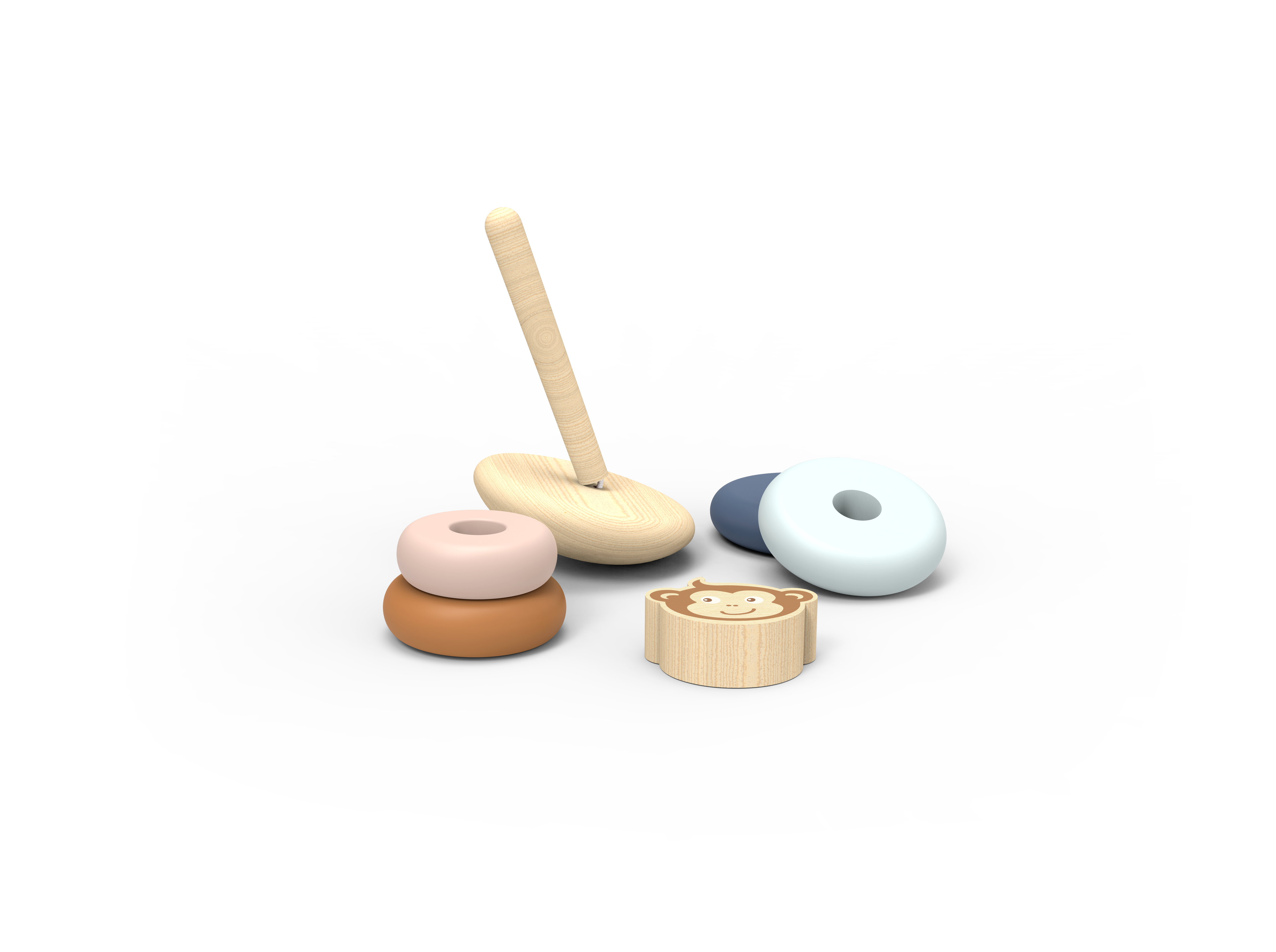 Disassembled Speedy Monkey Wooden Toy ring stacker showing wooden base, pole, rings, and monkey topper for sorting and stacking fun.