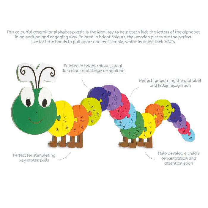ABC Puzzle - Vibrant Wooden Caterpillar Alphabet Toy with colorful lettered segments, ideal for toddlers learning the alphabet and motor skills.