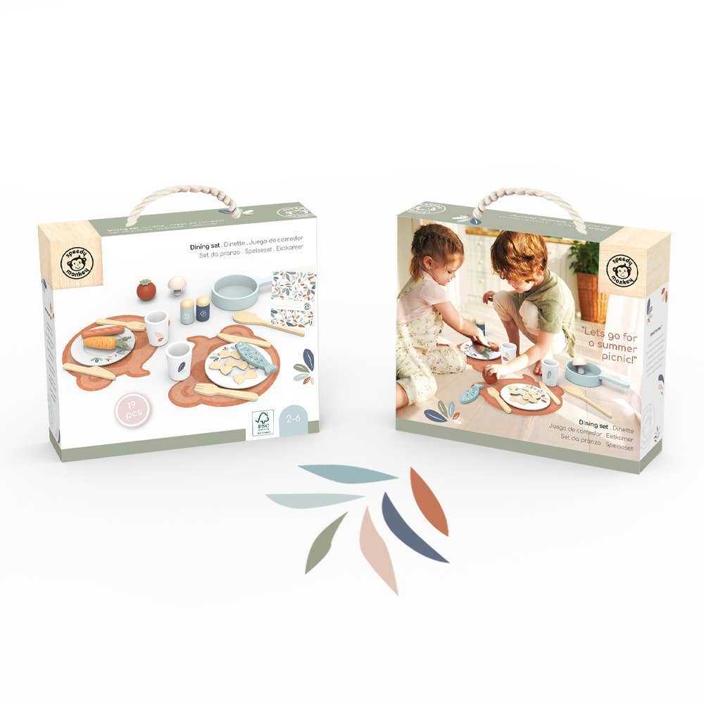 Packaging of Wooden Play Toy Kitchen Dining Set Plates and Cups - 19 Pieces by Speedy Monkey, showing product contents and kids playing.
