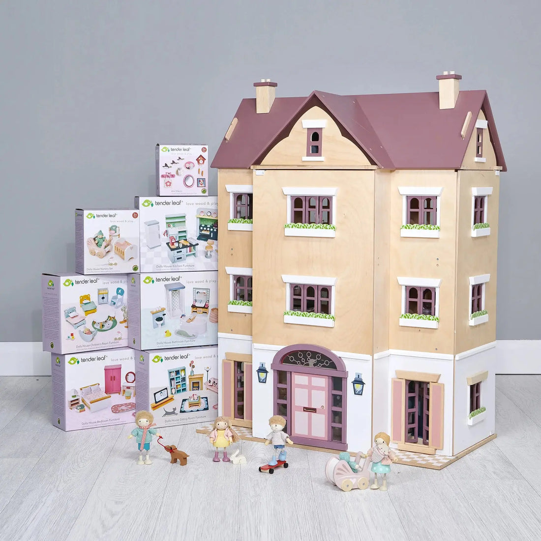 Fantail Hall deluxe large wooden dolls house with furniture bundle, featuring a grand four-story design with accessories and doll family.