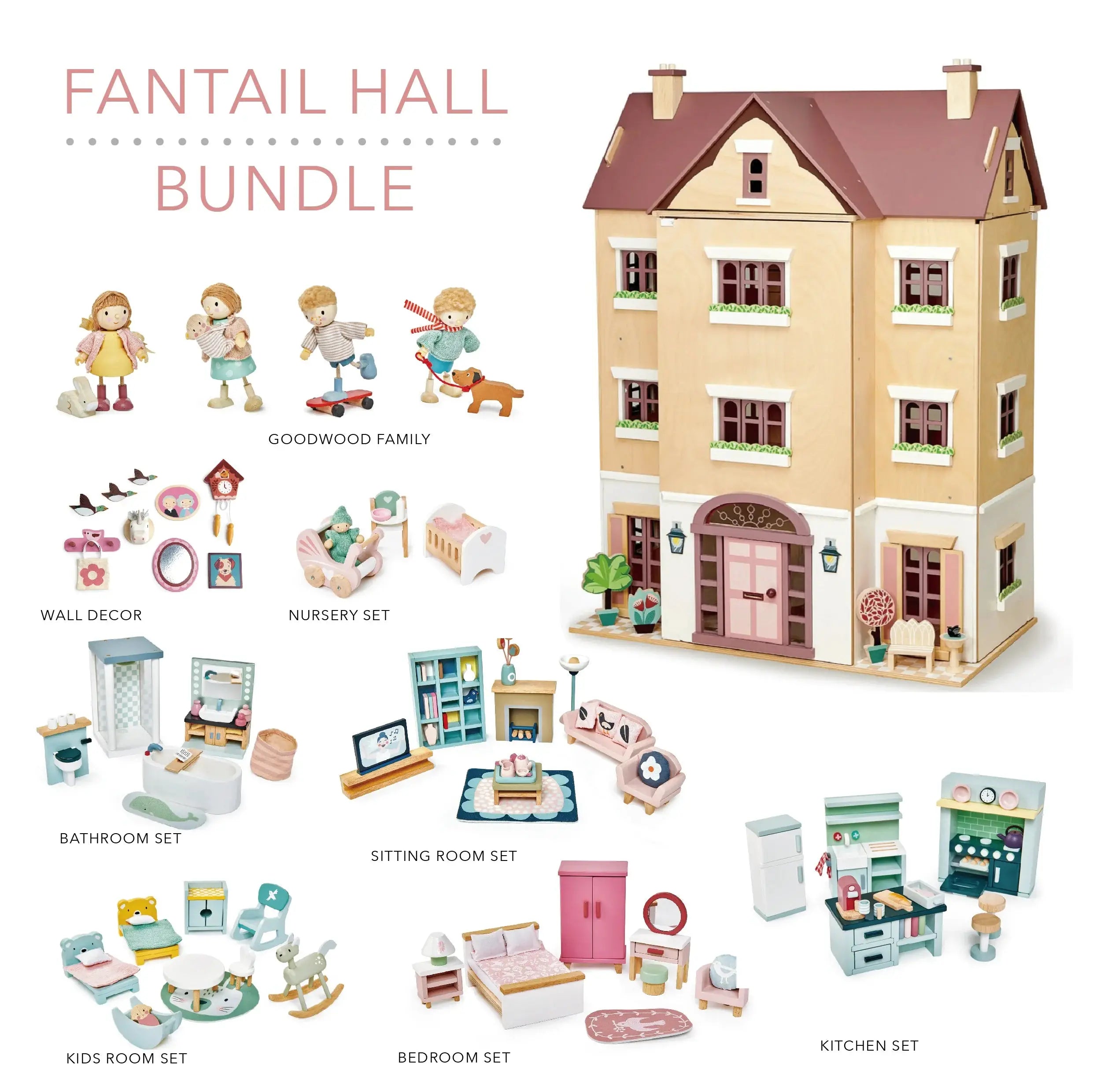Fantail Hall wooden dolls house bundle with doll family and furniture sets, including nursery, kitchen, bedroom, and sitting room accessories.