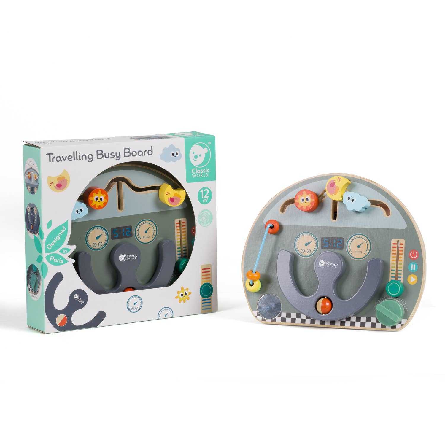 Wooden Travel Activity Busy Board - Car Dashboard Toy shown with packaging, ideal for baby activity play and imaginative vehicle role play.