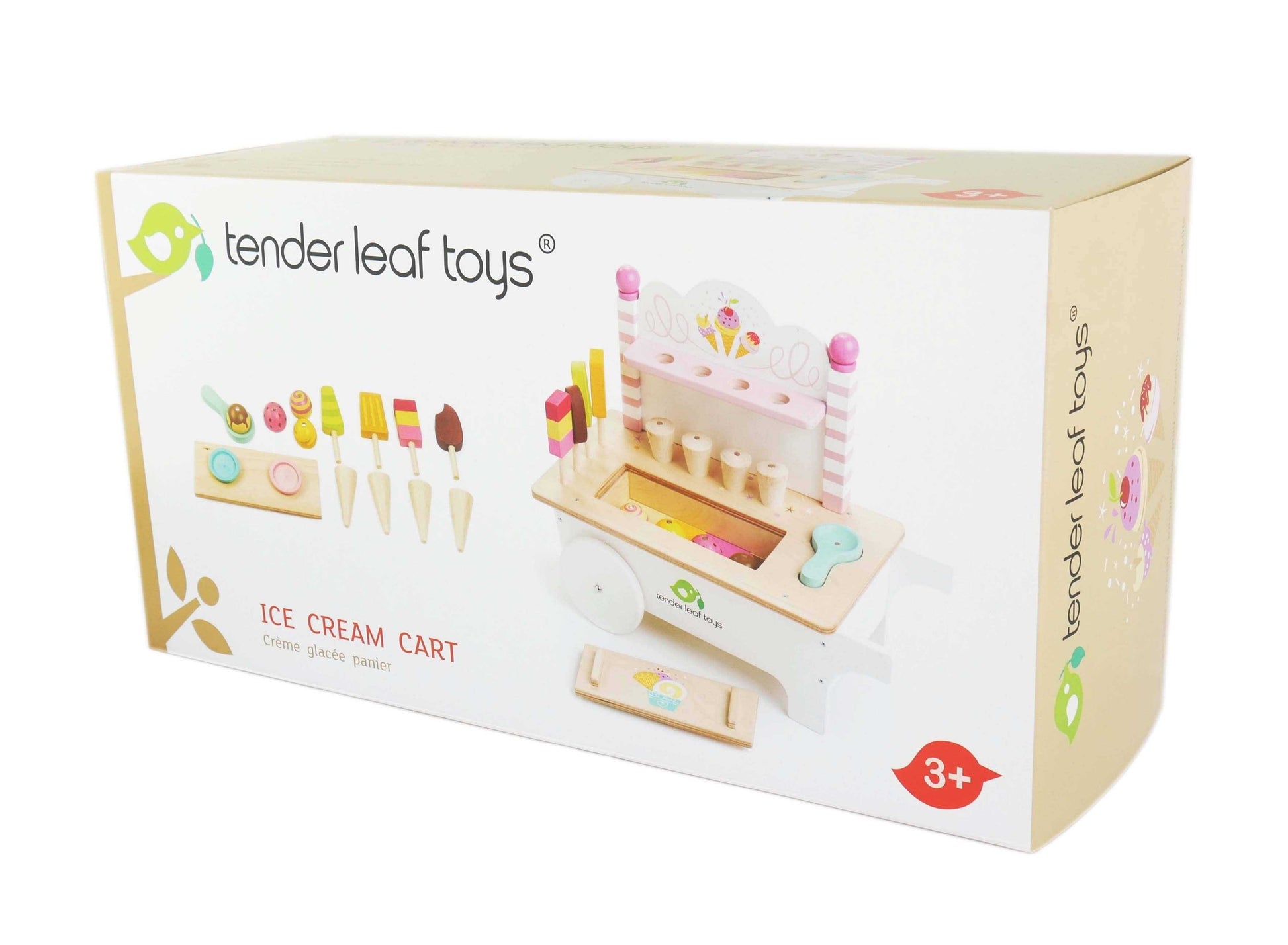 Retail packaging of Mini Ice Cream Cart Wooden Role Play Toy by Tender Leaf Toys, showing contents and age recommendation for 3+ years.