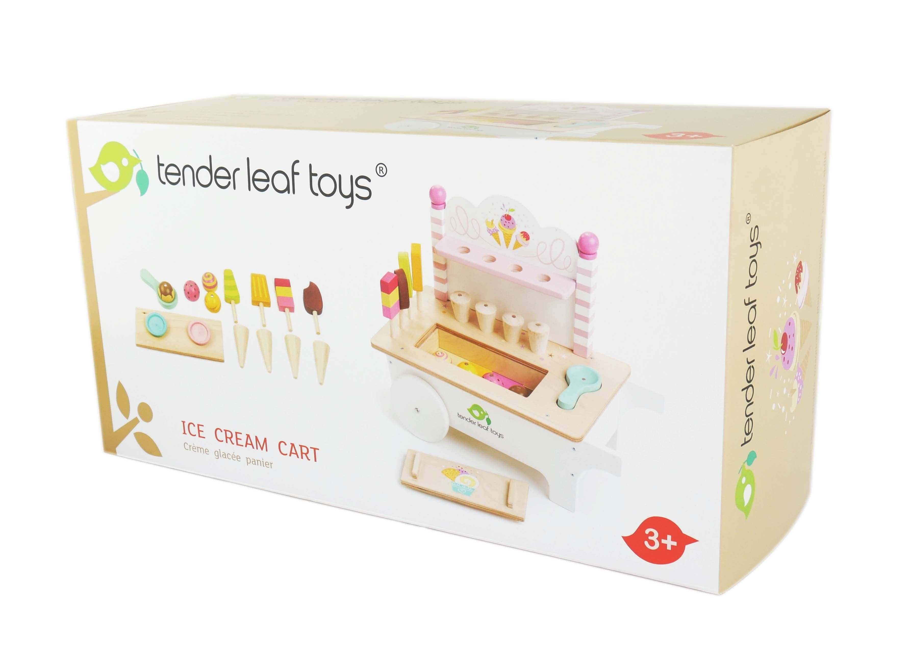 Retail packaging of Mini Ice Cream Cart Wooden Role Play Toy by Tender Leaf Toys, showing contents and age recommendation for 3+ years.