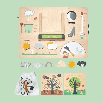 Wooden weather and seasons learning board for children with interactive elements like sliders, dials, and magnets, including icons for weather, seasons, and days.