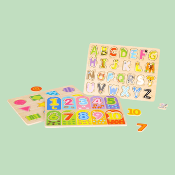 Colorful wooden educational puzzles for children featuring the alphabet, numbers 1–10, and basic geometric shapes on separate boards.
