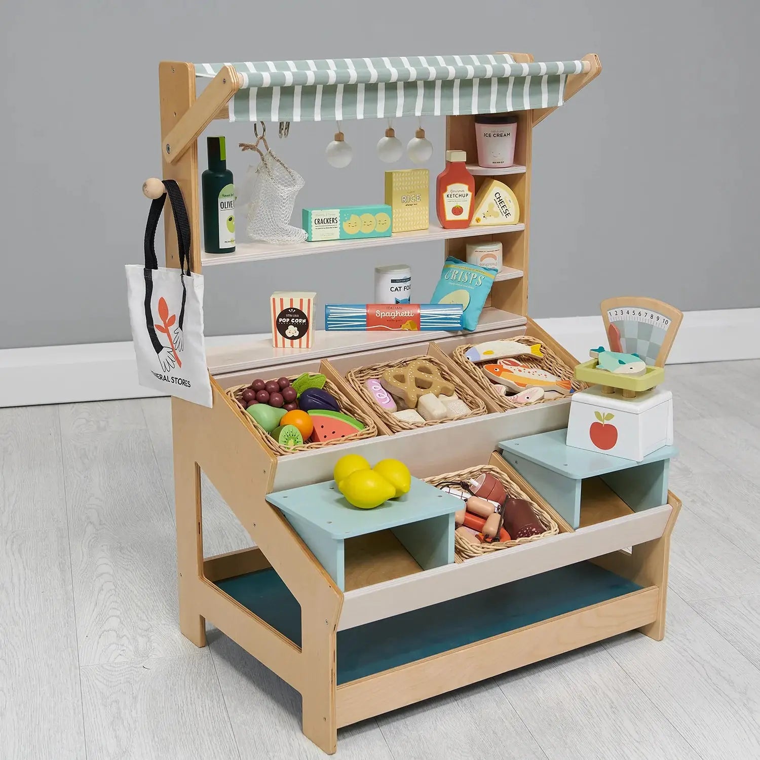 Market Day Stall Bundle General Stores, Scales, Grocery Set, 4 x Food Crates - Wooden Role Play Toy Set - Imagination Wooden Toys