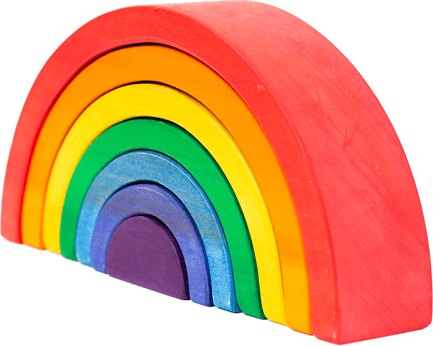 Colorful wooden rainbow stacking toy with seven nested arches in red, orange, yellow, green, blue, indigo, and violet.