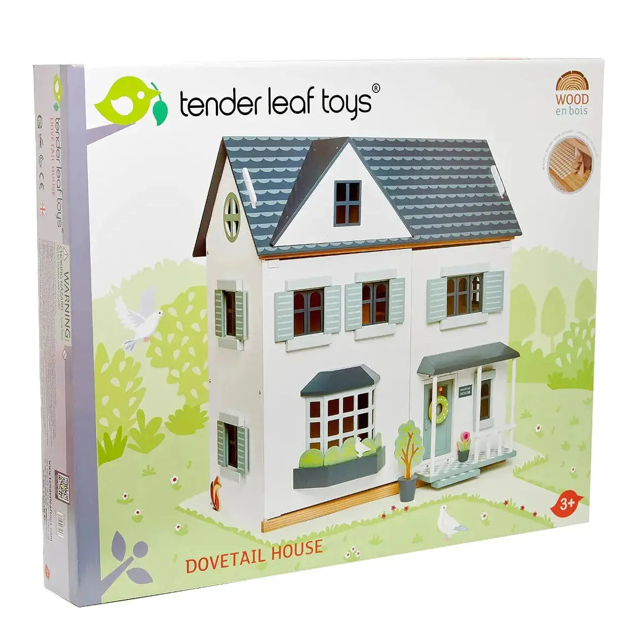 Packaging of the Dovetail House Wooden Dolls House, showcasing the beautifully designed dollhouse and its features, suitable for children aged 3+.
